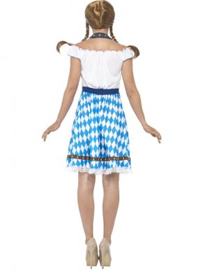  Bavarian Maid Kostuum, bestaande uit het blauw/wit geruite jurkje met aangehecht schortje. Maak de look compleet met een bijpassende pruik en witte kousen en je bent klaar voor het Oktoberfest.