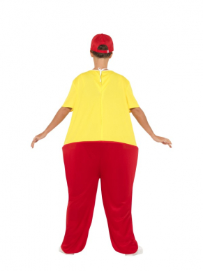 Een te gek Jolly Storybook Costume,bestaande uit een rode jumpsuit met gestreepte bretels, naamplaatsjes en rode hoed.