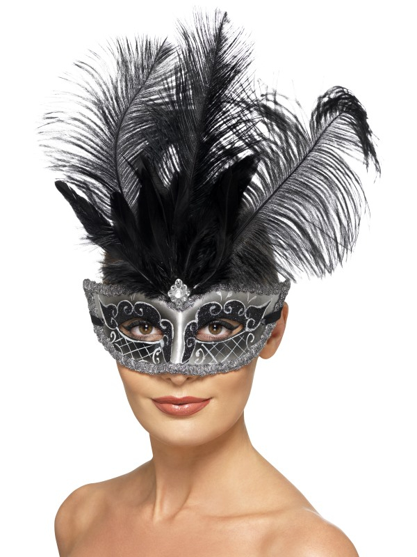 Venetian Colombina Eyemask, grijs met zwarte pluimen, een mysterieus oogmasker voor een spannend feestje.