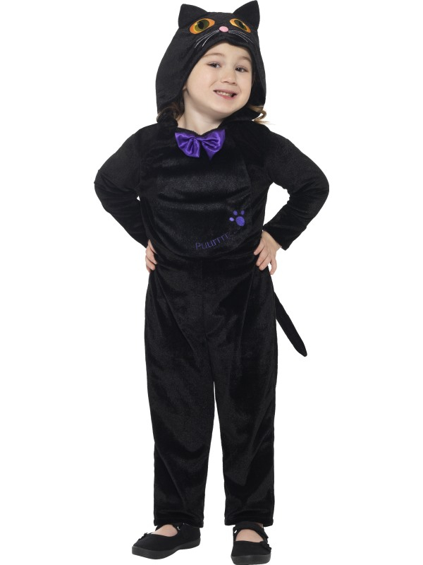  Cat Peuter Kostuum voor de allerkleinste, bestaande uit de zwarte hooded jumpsuit met 3D ogen.