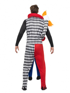 Dit kostuum is net even anders dan onze andere Piggykostuums, bij dit kostuum wordt je niet gedragen maar gekidnaped door een Creepy Clown.Dit kostuum bestaat uit één geheel, One Size Fits Most.