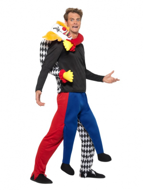 Dit kostuum is net even anders dan onze andere Piggykostuums, bij dit kostuum wordt je niet gedragen maar gekidnaped door een Creepy Clown.Dit kostuum bestaat uit één geheel, One Size Fits Most.