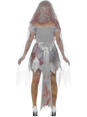  Deluxe Zombie Bride Costume, bestaande uit een grijze jurk met sluier en bouquet en een Latex Rib Wond.Een mooi kostuum voor Halloween.