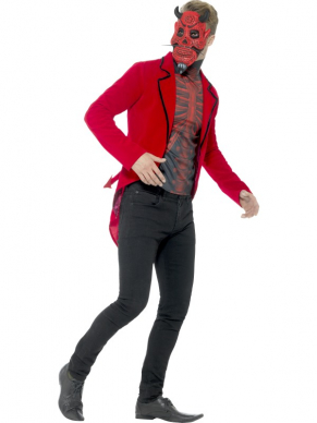 Day of the Dead Devil Kostuum, bestaande uit een rood /wit jasje een top en een EVA Masker voor Halloween.