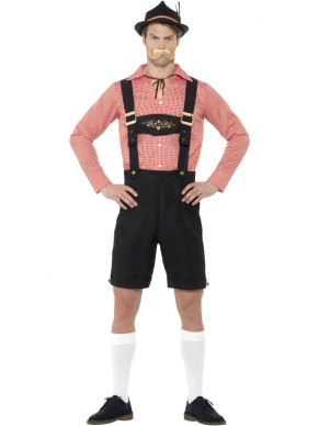 Een mooi Tiroler kostuum bestaande uit een rood/wit shirt en lederhosen. Draag deze tijdens het Oktoberfest of een Tirolerfeestje.