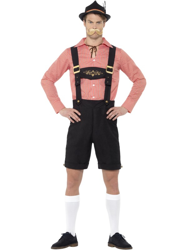 Een mooi Tiroler kostuum bestaande uit een rood/wit shirt en lederhosen. Draag deze tijdens het Oktoberfest of een Tirolerfeestje.