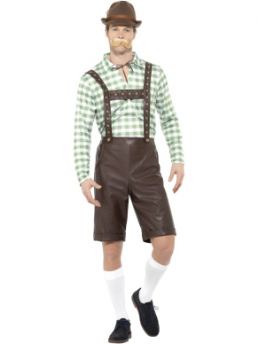 Bavarian Man Kostuum, bestaande uit een groen/bruin shirt en PVC Lederhosen. Te dragen tijdens het Oktoberfest of een feestje met Tiroler thema.Maak de look compleet met een bijpassende hoed en snor en je bent klaar voor welk Tiroler feestje dan ook.
