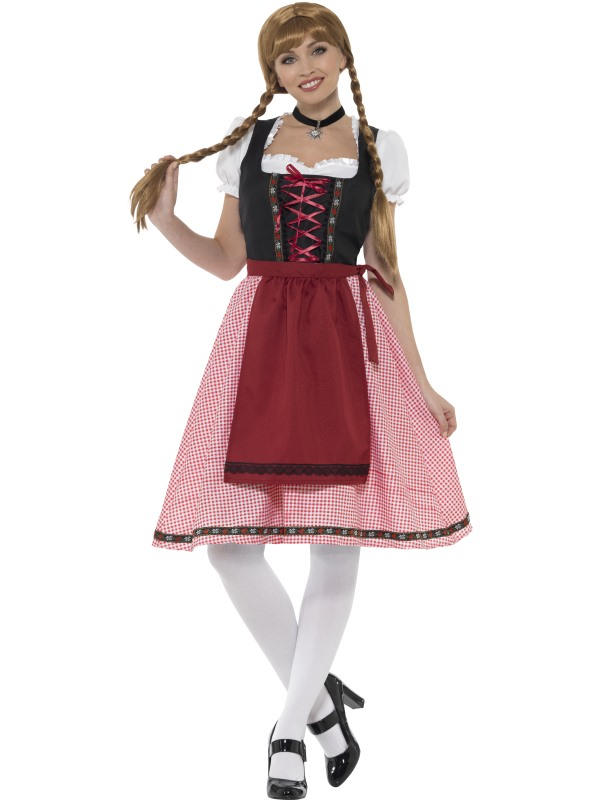 Bavarian Tavern Maid Kostuum, bestaande uit een witte top, jurk en schort. Geschikt voor het Oktoberfest of een Tiroler feestje.