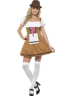 Met dit Bavarian Beer Maid Kostuum, bestaande uit een korte jurk met schort kun jij tot in de late uurtjes dansen.