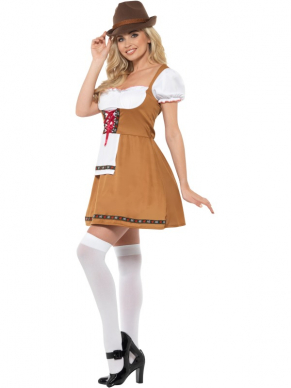 Met dit Bavarian Beer Maid Kostuum, bestaande uit een korte jurk met schort kun jij tot in de late uurtjes dansen.