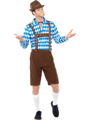 Met dit Bavarian Beer Man Kostuum steel jij de show op het Oktoberfest of een ander Tiroler feestje. Het kostuum bestaat uit een blauw/wit geruit shirt en een bruine Lederhosen.