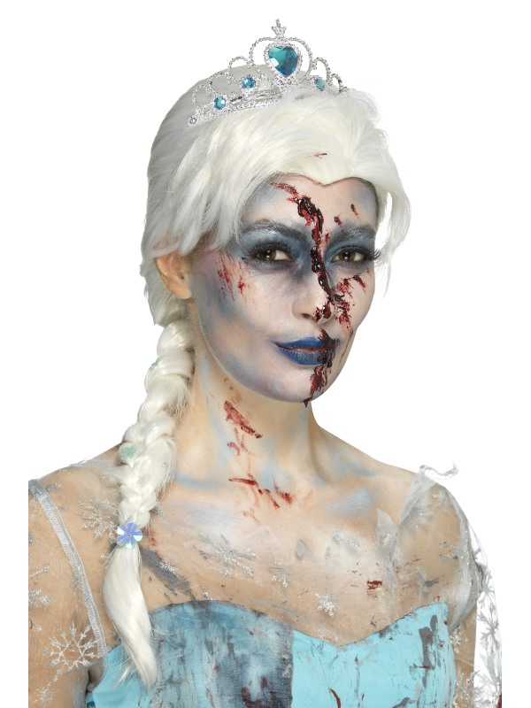 Combineer deze enge wit/blonde Zombie Froze To Death Pruik met één van onze Halloween kostuums.In de pruik zitten sneeuwvlokjesjjuwelen verwerk. 