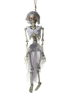 Ter decoratie op jouw Halloween/Horror feest, deze hangende Bruid skelet. met lichtgevende ogen, geluid en beweging.
90cm/35inch