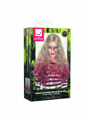 Met deze rood/blonde lange Deluxe Zombie Blood Drip Pruik met krullen maak je jouw Halloween kostuum helemaal af.