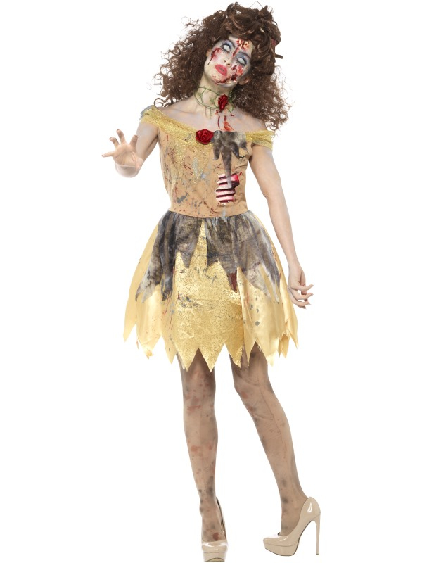 Steel de show met dit prachtige Zombie Golden Fairytale Kostuum bestaande uit een geel jurkje met Latex Ribben, Hoofdband en Choker. Kijk hier voor bijpassende Pruiken en Make-up.