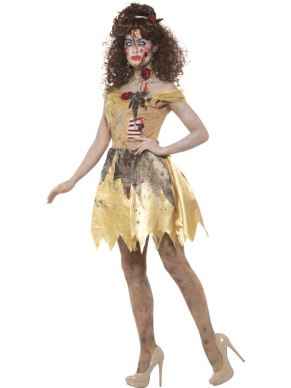 Steel de show met dit prachtige Zombie Golden Fairytale Kostuum bestaande uit een geel jurkje met Latex Ribben, Hoofdband en Choker. Kijk hier voor bijpassende Pruiken en Make-up.