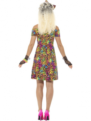 Steel de show met dit geweldige Neon 80s Party Animal Kostuum, dit kostuum bestaat uit een jurk en haarband.Kijk hier voor een bijpassende pruik.