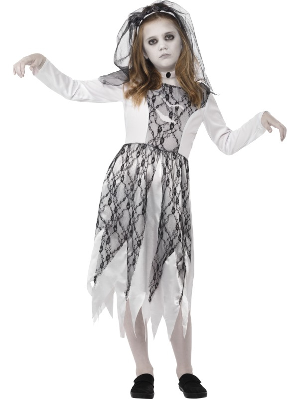 Jaag iedereen angst aan met dit geweldige Ghostly Bride Kostuum.Dit kostuum bestaat uit een grijs/witte jurk met sluier en halsstuk. Leuk voor Halloween.
