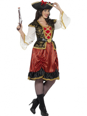 Een prachtig rode Curves Pirate Lady Kostuum, bestaande uit een jurk en bijbehorende riem. Te gek voor een Piraten Feest of Carnaval.