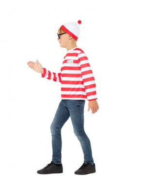 Where's Wally? verkleedsetje, bestaande uit een rood/wit gestreepte top, hoed en bril.