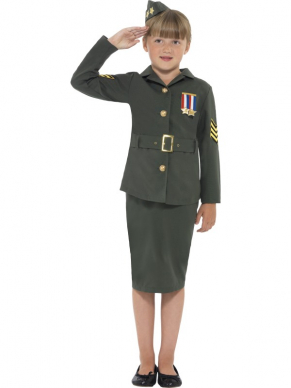 Heb je een musical, optreden of gewoon een feestje met thema kies dan voor dit mooie Khaki Groene WW2 Army Girl Kostuum, bestaande uit een jasje met rok, riem en hoed.