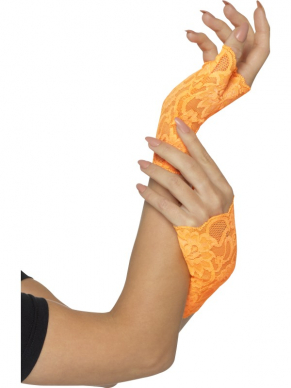 Korte vingerloze kanten handschoenen Neon oranje voor bij een 80's kostuum.Verkrijgbaar in verschillende neon kleuren. Bekijk hier onze eighties kostuums.