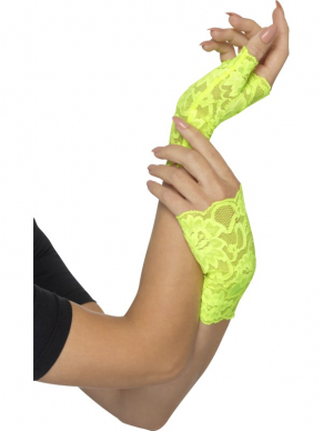 Korte vingerloze kanten handschoenen Neon geel voor bij een 80's kostuum.Verkrijgbaar in verschillende neon kleuren. Bekijk hier onze eighties kostuums.