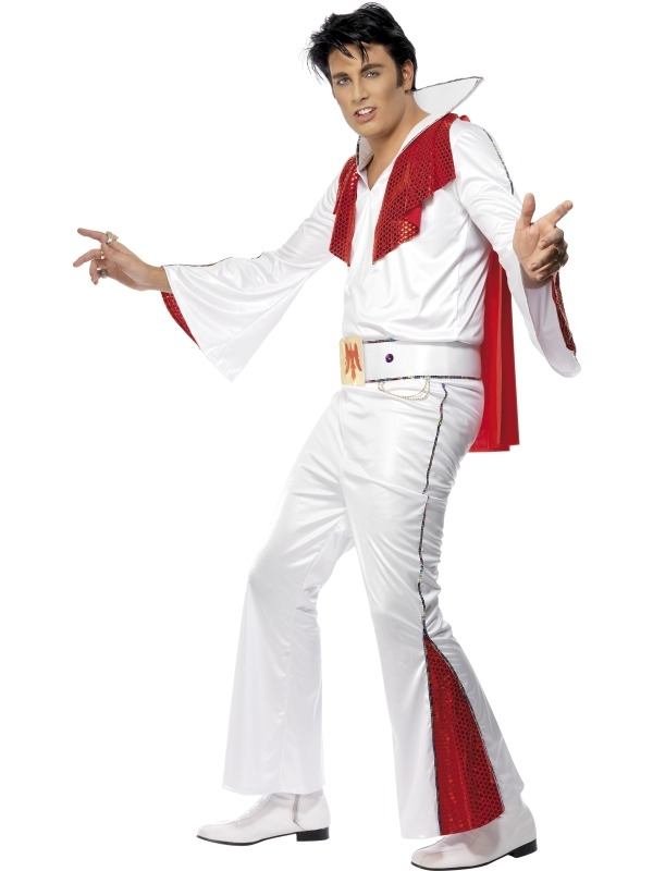 Elvis Kostuum in de kleur wit met rood. Het complete Elvis kostuum voor heren bestaande uit de broek, shirt, cape en de riem. Ook in het zwart/rood verkrijgbaar.