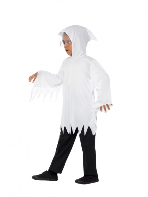 Een wit Ghost Kostuum voor Halloween bestaande uit een gewaad met sluier.