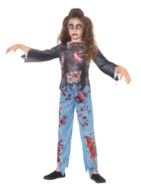 Multi gekleurd Zombie Child Kostuum bestaande uit een T-Shirt & Broek.Leuk voor een Halloween party. Klik hier voor schmink om je outfit helemaal compleet te maken.