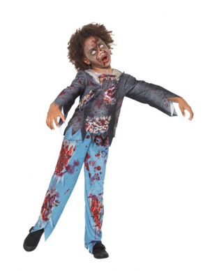 Multi gekleurd Zombie Child Kostuum bestaande uit een T-Shirt & Broek.Leuk voor een Halloween party. Klik hier voor schmink om je outfit helemaal compleet te maken.