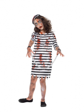 Zombie Convict Girl kostuum voor Halloween, bestaande uit een  Zwart/Wit gestreepte jurk met bloedspatten, hoedje en kettingen.Klik hier voor schmink om je outfit helemaal compleet te maken.