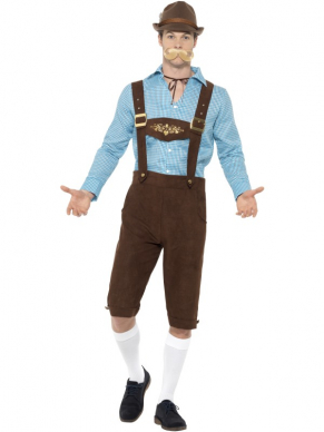 Een geweldig blauw/bruin Beer Fest Kostuum voor het wel bekende Oktoberfest of elk ander feestje in Tiroler sfeer. Dit kostuum bestaat uit een Shirt met suede Lederhose.