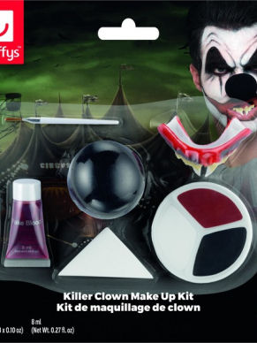 Killer Clown Cosmetic Kit, bestaande uit 3 Kleuren schmink op waterbasis, Blood, Neus, Tanden en een Spons en borstel om de schmink aan te brengen.