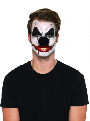 Killer Clown Cosmetic Kit, bestaande uit 3 Kleuren schmink op waterbasis, Blood, Neus, Tanden en een Spons en borstel om de schmink aan te brengen.