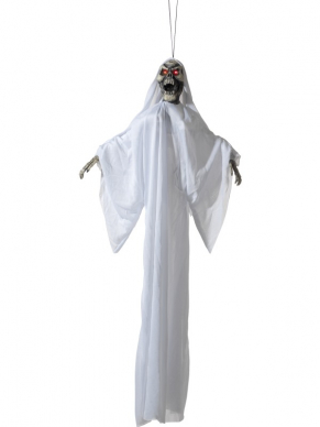 Hangende Skelet in een wit gewaad met Light Up Eyes & Voice Control ter decoratie voor Halloween
96x40x10cm.