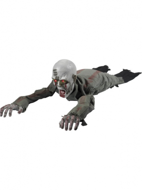 Kruipende Zombie met grijs gewaad, bewegende armen & Lichtgevende ogen ter decoratie voor Halloween of Horror feestje.
110x30x30cm