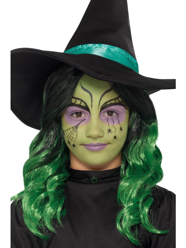 Creëer een mooi Heksenlook met deze Kids Witch Halloween Make Up Kit, op waterbasis bestaande uit  3 kleuren schmink, Stickers, Glitter, Krijt, Spons & Borstel.
