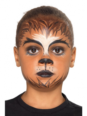 Creëer een echte weerwolf-look met deze Kids Halloween Werewolf Make Up Kit op waterbasis, bestaande uit 4 kleuren schmink, Weerwolftanden, Vachtstickers, Spons & Borstel.