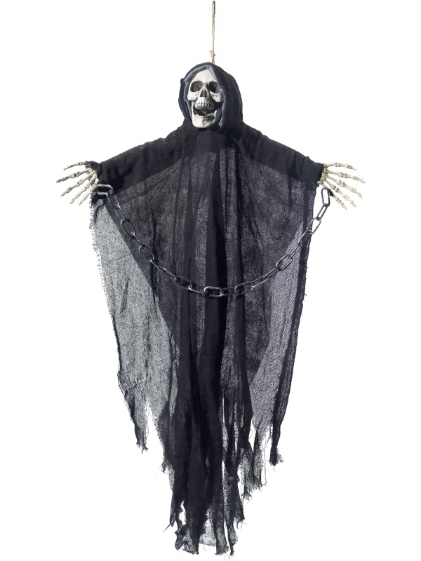 Hangende Black Reaper Skeleton met cape en kettingen ter decoratie.
Afm:70x90cm 