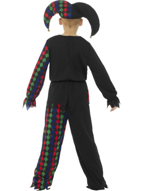  Halloween Skeleton Jester Kostuum, Multi-Gekleurd bestaande uit een top, broek en hoed. 