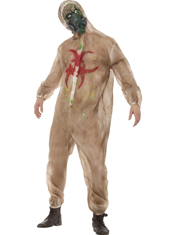 Een bruin Zombie Biohazard Kostuum bestaande uit een jumpsuit en een latex masker.