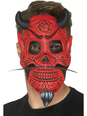 Zwart/Rode Day of the Dead Devil Duivel Masker. Eng masker voor halloween of carnaval. 