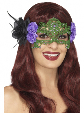 Maak jouw Heksen Kostuum compleet met deze Embroidered Lace Filigree Witch Oogmasker met roosjes.