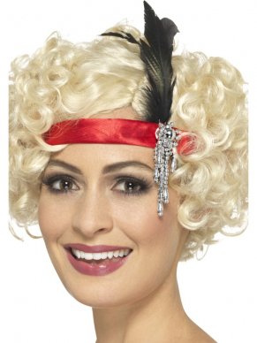Rode Satijnen Charleston Headband met veer en Jewel detail.