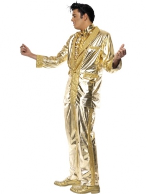 Gouden Elvis Lamé 70's Heren Kostuum, bestaande uit de goudkleurige jas, bovenste gedeelte van de blouse en een broek. We verkopen nog veel meer Elvis Presley kostuums en accessoires.