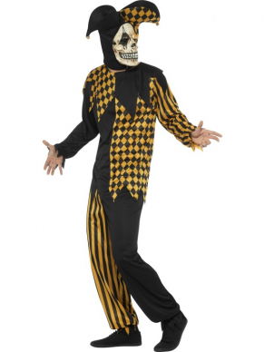 Jaag iedereen de stuipen op het lijf tijdens Halloween met dit Evil Court Jester Kostuum in de kleuren Zwart/Goud.Ook verkrijgbaar in Zwart/Wit.