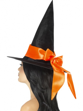 Maak jouw Heksen Kostuum compleet met deze zwarte Hoeksenhoed voorzien van een oranje lint.