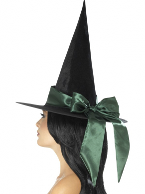 Maak jouw Heksen Kostuum compleet met deze zwarte Heksenhoed voorzien van Groen lint.