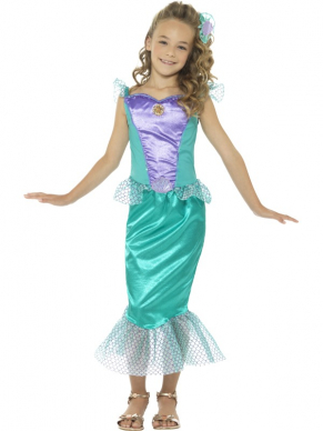 Een beeldig Deluxe Mermaid Kostuum voor een echte zeemeermin liefhebber.Het kostuum bestaat uit een groene jurk met haarclip.